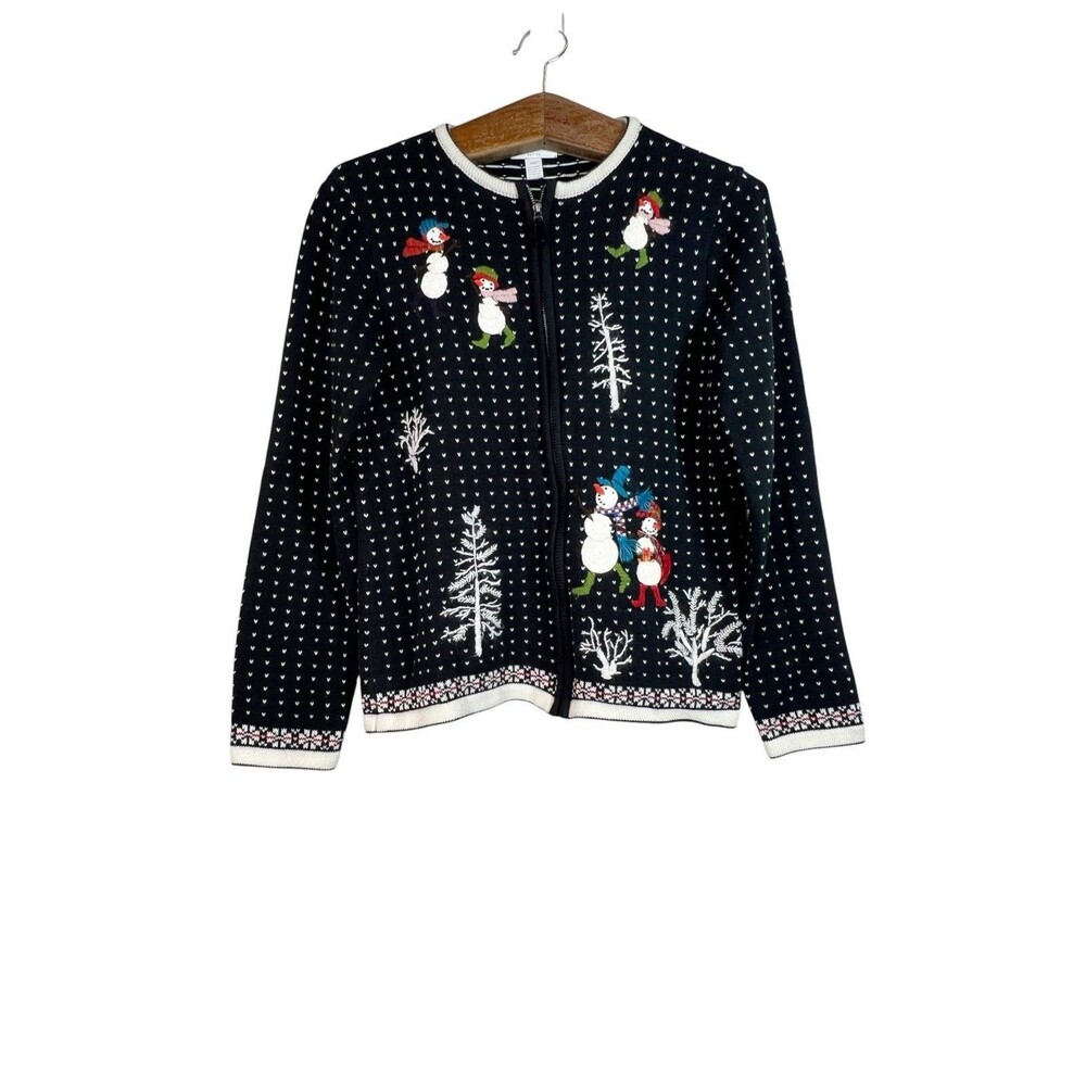 Charter Club Sweater Womens Black Christmas Holiday Embroidered Size PM Cottage